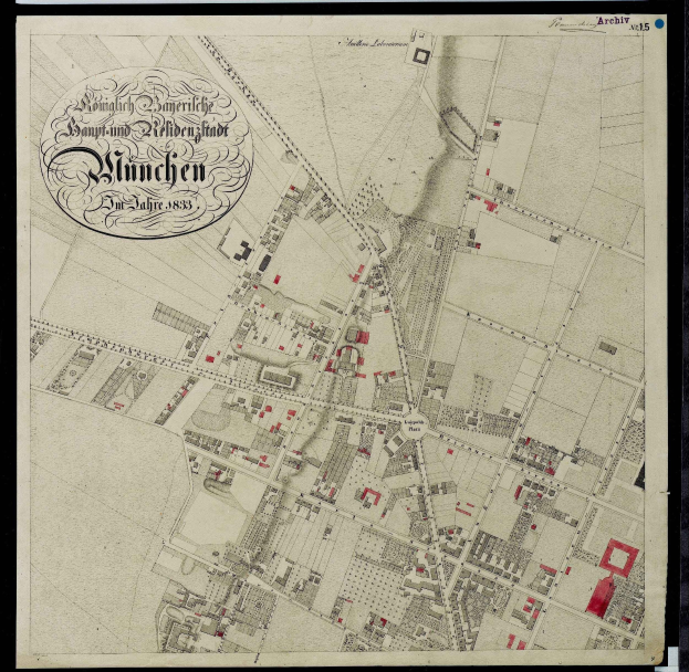 Alte Karte von München, Deutschland, schwarz umrandet, zeigt Straßen, Gebäude und Sehenswürdigkeiten.