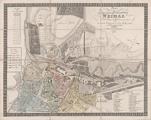 Ausf"{u}hrliches altes Stadtplan von Weimar, Deutschland, das Stra{\ss}en, Geb"{a}ude und Landmarken zeigt, mit begleitendem Text "{u}ber die Bev"{o}lkerung und Merkmale der Stadt.
