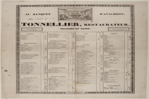 Ein altes Buch mit einer Restaurant-Speisekarte, das Text und ein Bild enthält, das die Angebote des Restaurants beschreibt.