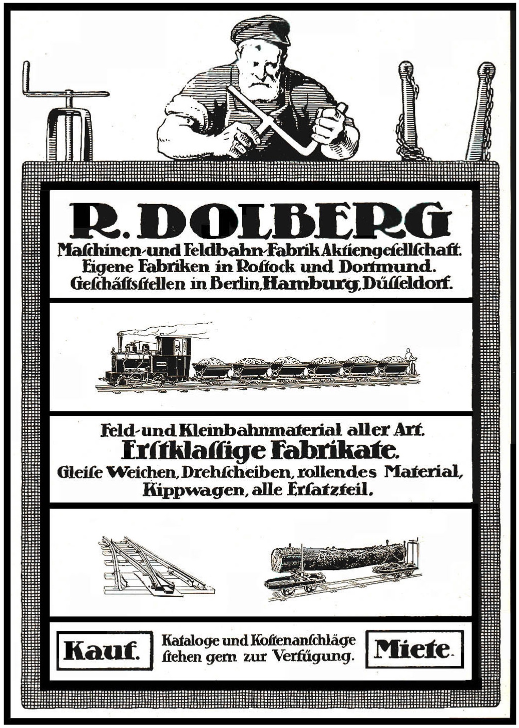 Werbung f├╝r die Fabrik von R.D. Dolberg in Hamburg, Deutschland, mit einem Plakat mit Text, einer Person, einem Zug und anderen Gegenst├Ąnden.