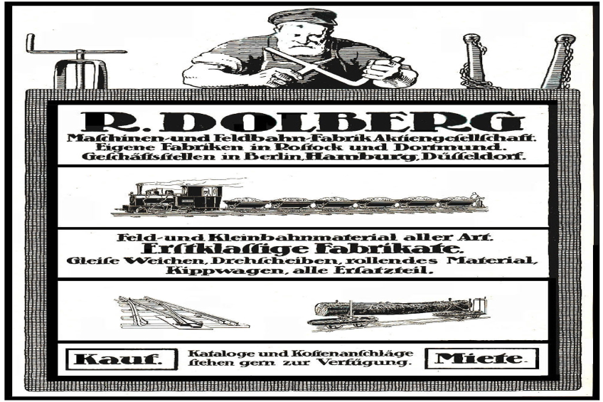 Werbung f├╝r die Fabrik von R.D. Dolberg in Hamburg, Deutschland, mit einem Plakat mit Text, einer Person, einem Zug und anderen Gegenst├Ąnden.
