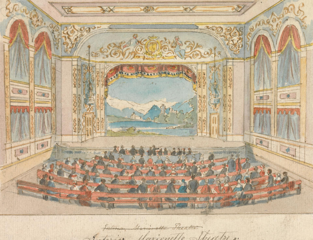 Eine Zeichnung eines Theaterauditoriums mit sitzenden Menschen, detaillierten Wanddesigns und einer beleuchteten Decke, mit dekorativem Text am unteren Rand.