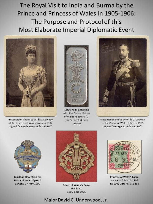 Plakat aus dem Jahr 1905-1906, das den royalen Besuch in Indien und Burma durch den Prince und die Princess of Wales zeigt, mit ihren Porträts, Logos und Texten über das imperiale diplomatische Ereignis.