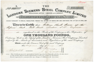 Ein Papierdokument mit der Aufschrift 'Landore Siemens Steel Company Limited Certificate for Ordinary Stock' mit gedrucktem Text, der Namen, Adresse und weitere Informationen des Unternehmens enthält.