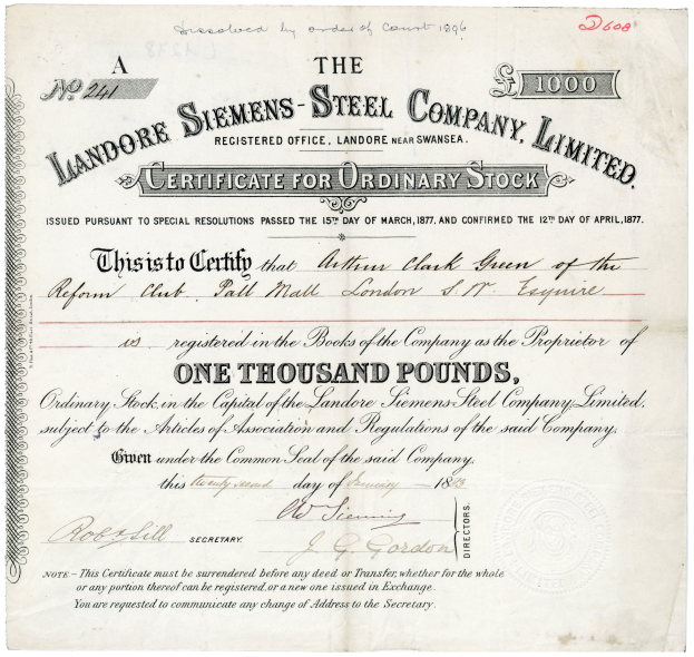 Ein Papierdokument mit der Aufschrift 'Landore Siemens Steel Company Limited Certificate for Ordinary Stock' mit gedrucktem Text, der Namen, Adresse und weitere Informationen des Unternehmens enthält.