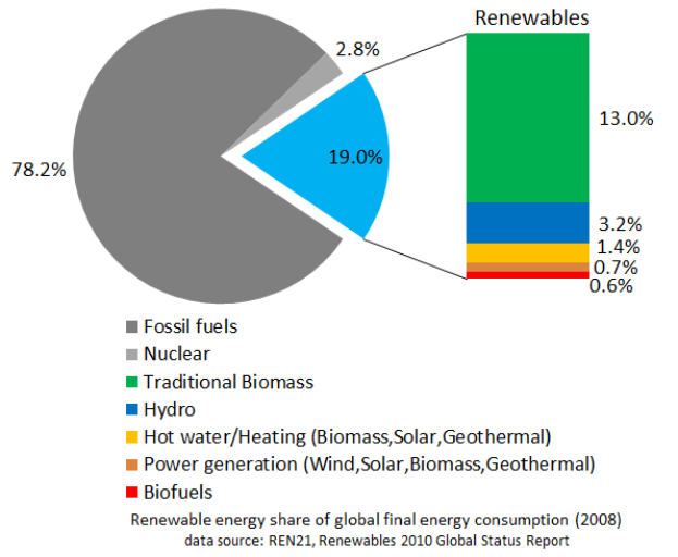 Ein Kreisdiagramm, das den globalen erneuerbaren Energieverbrauch im Jahr 2008 zeigt, unterteilt in Abschnitte für fossile Brennstoffe, Kernenergie, Wasserkraft, Warmwasser, Heizung, Biomasse, Solarenergie, Geothermie und Biokraftstoffe, mit begleitendem Text, der weitere Dateninformationen bereitstellt.