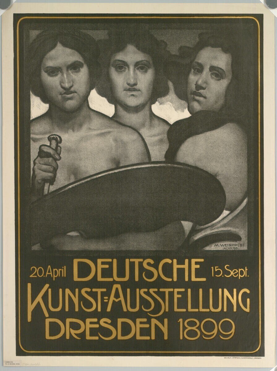 Plakat für eine deutsche Ausstellung in Dresden 1899 mit drei Personen und einem Objekt sowie deutschem Text.