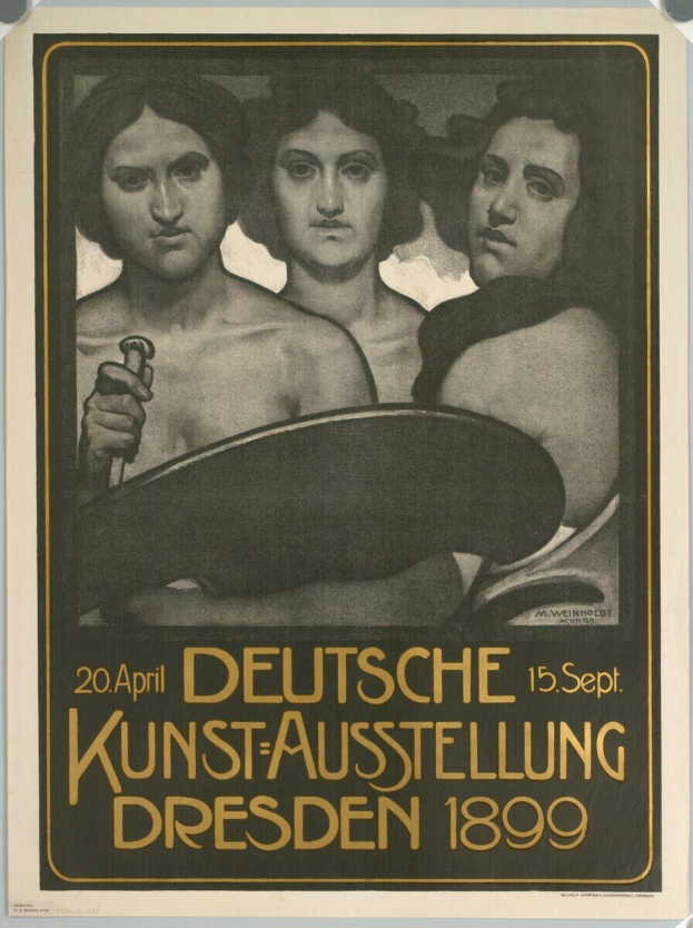 Plakat für eine deutsche Ausstellung in Dresden 1899 mit drei Personen und einem Objekt sowie deutschem Text.