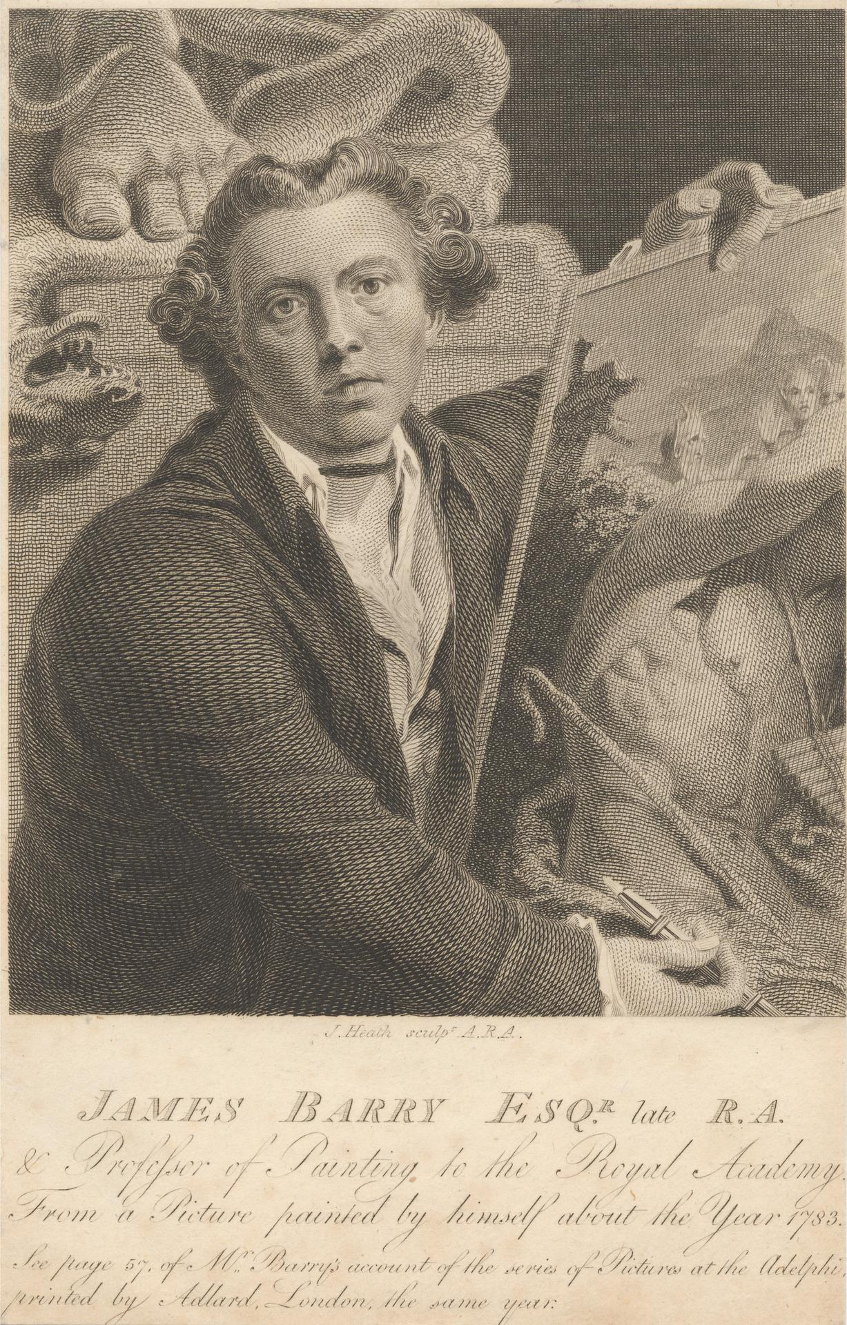Porträt von James Barry Esq. R.A., einem Professor für Malerei an der Royal Academy, der eine Farbpalette in einer Hand und ein Buch in der anderen hält und einen Anzug trägt, gemalt um 1783.