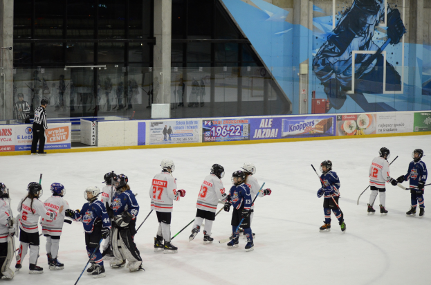Gruppe junger Menschen, die Eis Hockey auf einer Indoor-Eisfläche spielen, tragen Helme und halten Stöcke, mit einer Person auf der linken Seite und Bannern, Säulen und Glaswänden im Hintergrund.