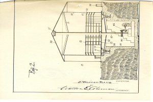 Ein detailliertes Gebäude-Diagramm, wahrscheinlich ein Wasserpumpen-Patent, mit verschiedenen Nummern und Textanmerkungen auf einem Blatt Papier.