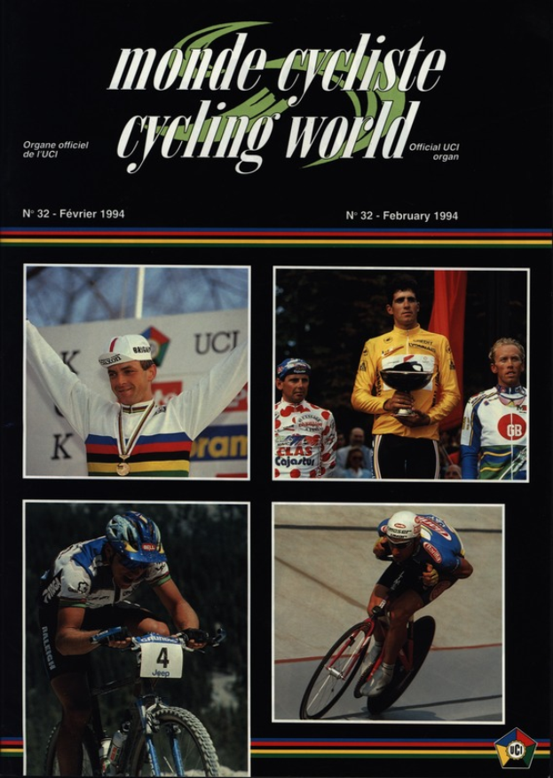 Ein Plakat der Februar 1994 Ausgabe der Monde Cycliste Cycling World Zeitschrift, das vier Radfahrer mit Helmen zeigt, die auf Fahrr√§dern fahren, mit dem Zeitschriftennamen √ľber dem Bild.