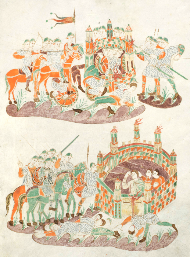 Eine mittelalterliche Handschriftseite, die eine Kampfszene mit Rittern zu Pferde zeigt, die mit Schwertern, Schilden, Bogen und Pfeilen bewaffnet sind, vor einer Burg im Grünen unter einem tiefblauen Himmel.