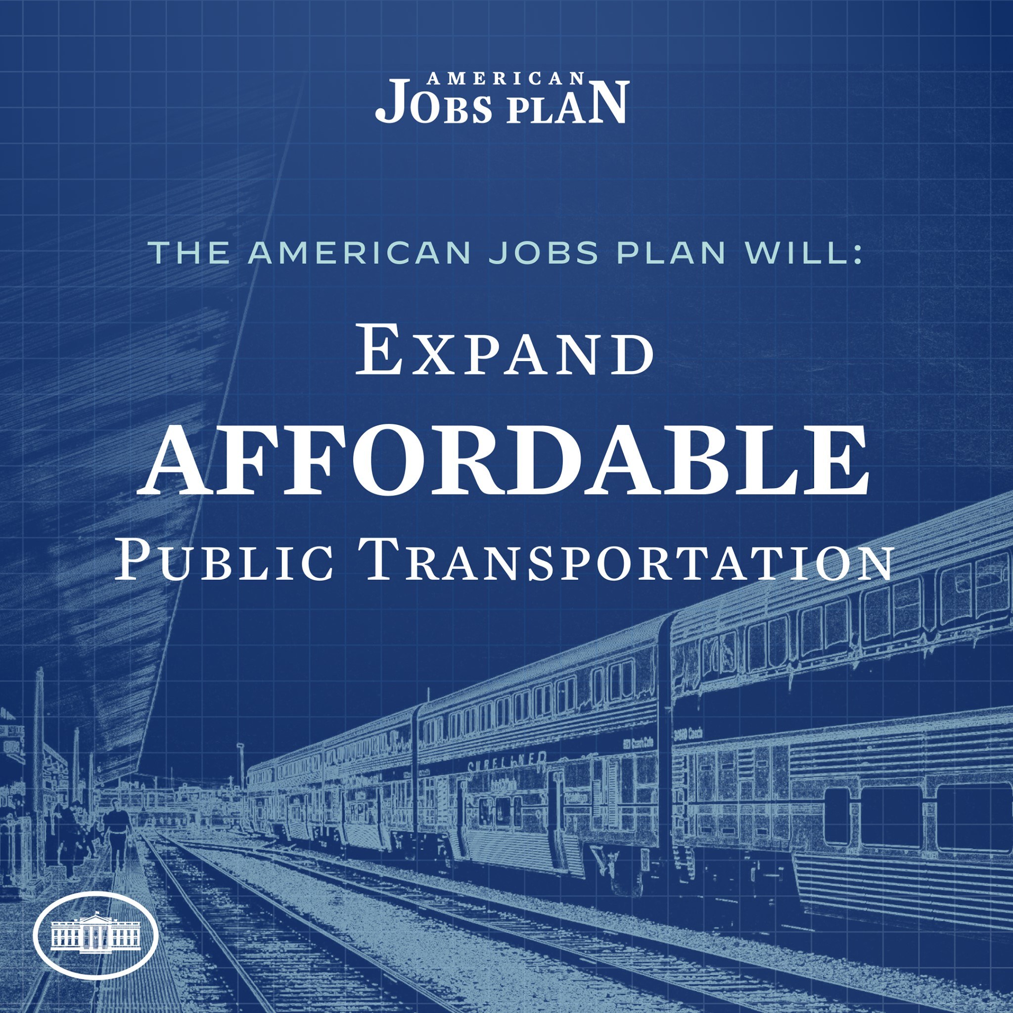 Plakat mit einem Zug auf einer Eisenbahnschiene mit mehreren Menschen in der Nahe und dem Text "The American Jobs Plan Will Expand Affordable Public Transportation."