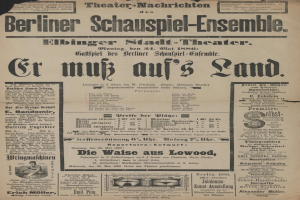 Eine alte Zeitungsannonce aus dem Jahr 1866 für das Berliner Schauspiel-Ensemble, das einen Mann im Anzug und mit Krawatte zeigt, sowie beschreibenden Text zum Ereignis.