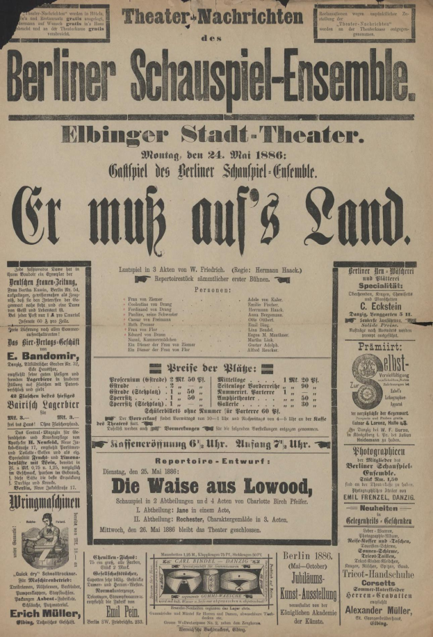 Eine alte Zeitungsannonce aus dem Jahr 1866 für das Berliner Schauspiel-Ensemble, das einen Mann im Anzug und mit Krawatte zeigt, sowie beschreibenden Text zum Ereignis.