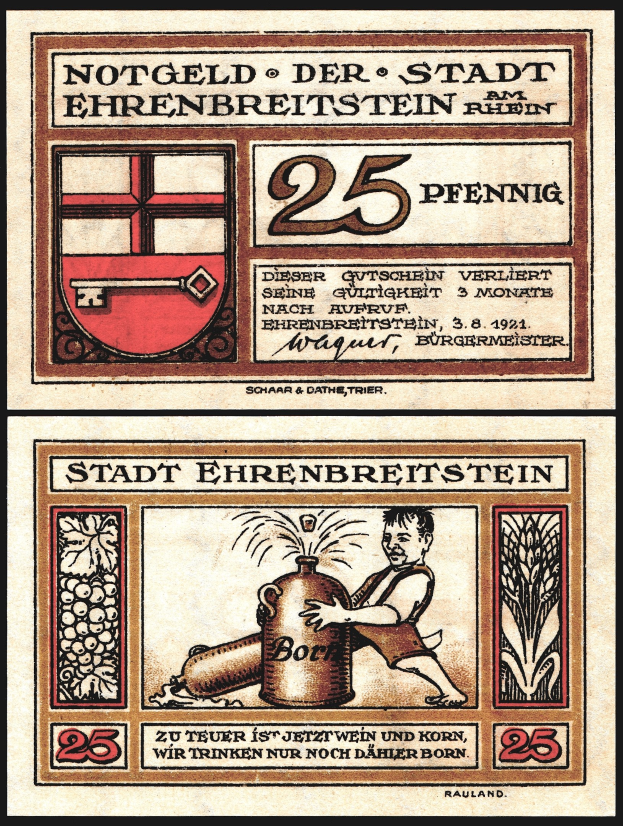 Alte deutsche Banknote mit einem Mann in weißem Hemd und blauer Mütze, der eine Bierflasche hält, mit der Aufschrift "Beer" und einem gekrönten Schild-Logo.