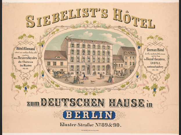Eine alte Werbung für das Siebelist's Hotel in Berlin, Deutschland, zeigt das Gebäude mit ein paar Menschen davor und Text auf dem Papier.