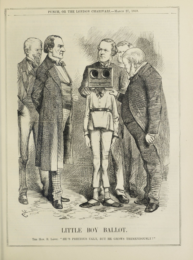 Eine Zeichnung eines kleinen Jungen mit einer Kamera, umgeben von einer Gruppe von Menschen, mit dem Text "Kleiner Junge Stimmzettel" unten.