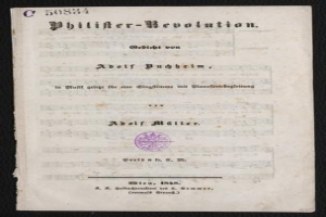 Ein altes Buch mit dem Titel 'Philifer-Revolution' von Adolf Müller aus dem Jahr 1818 mit einem violetten Stempel auf dem Cover, das Text auf seinen Seiten gegen einen schwarzen Hintergrund zeigt.