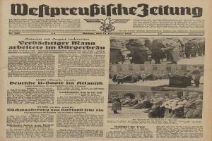 Titelseite einer deutschen Zeitung vom 13. November 1939 mit der Schlagzeile 'Weitpreubliche Zeitung' und einem Foto einer Gruppe von Menschen in traditioneller deutscher Kleidung, die feierlich wirkt.