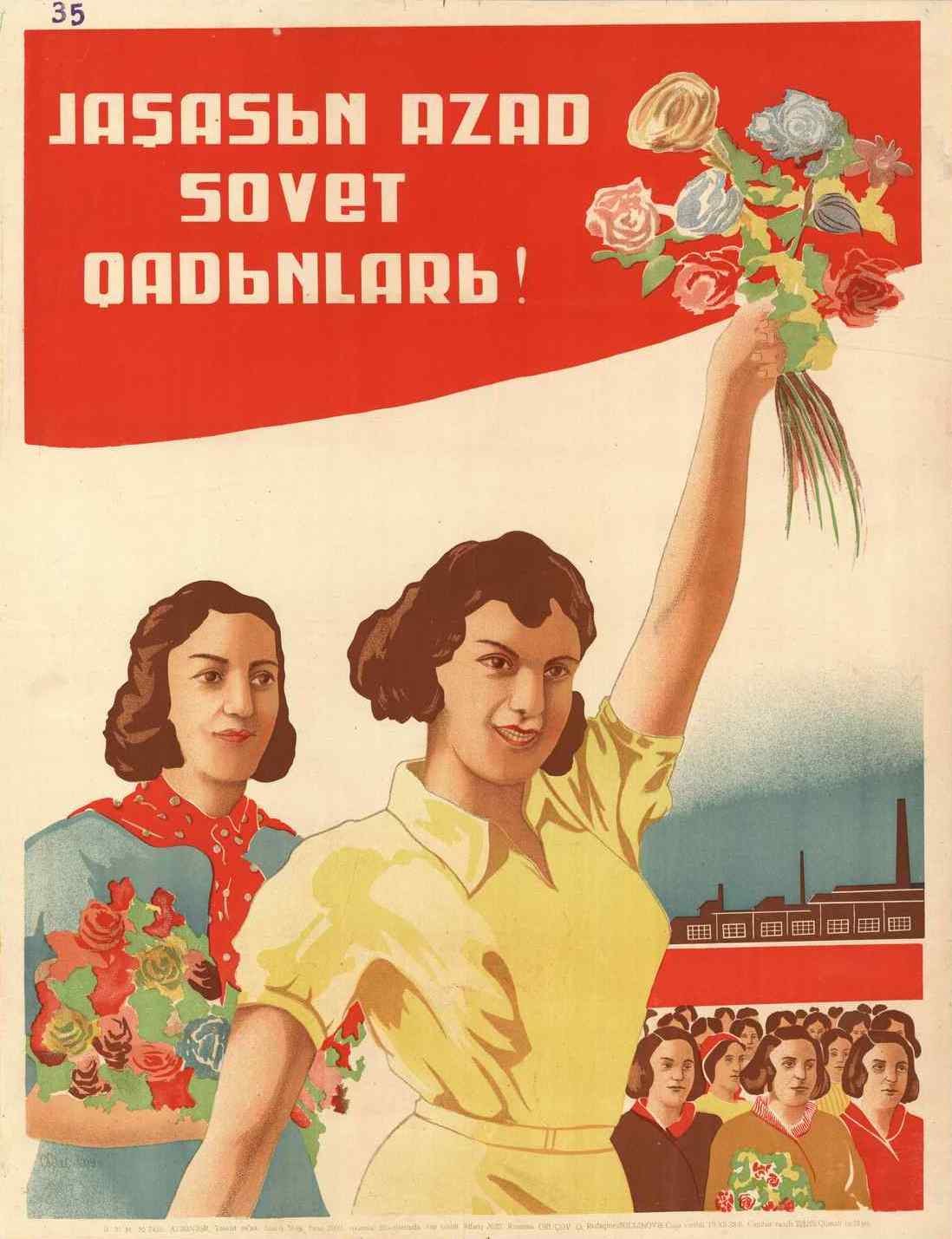 Sowjetisches Propagandaplakat zum Frauentag, das eine Frau mit Blumen in der Hand zeigt, umgeben von einer Menge und einem Gebäude, mit der Aufschrift "Frauentag".
