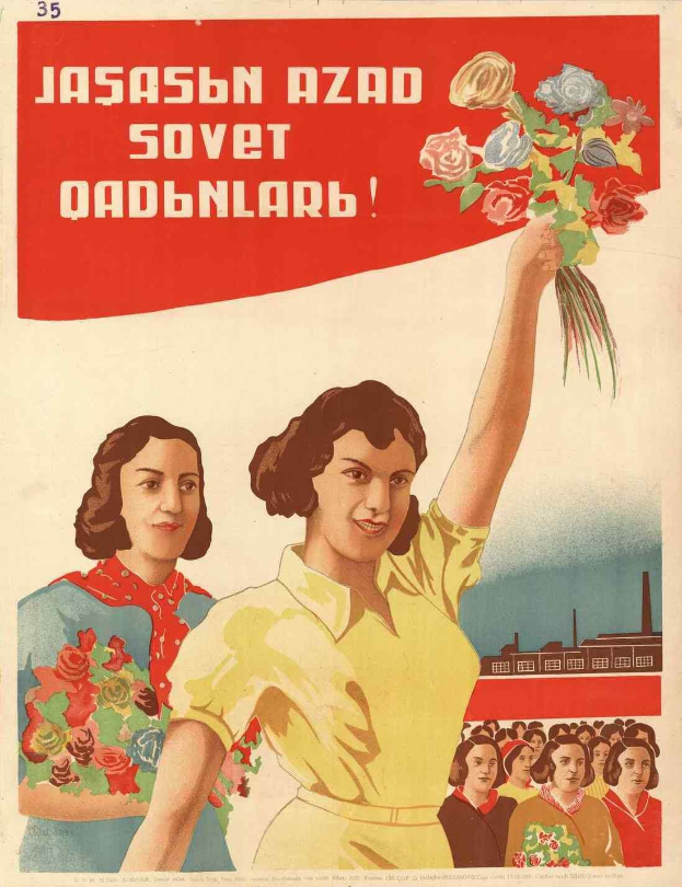 Sowjetisches Propagandaplakat zum Frauentag, das eine Frau mit Blumen in der Hand zeigt, umgeben von einer Menge und einem Gebäude, mit der Aufschrift "Frauentag".