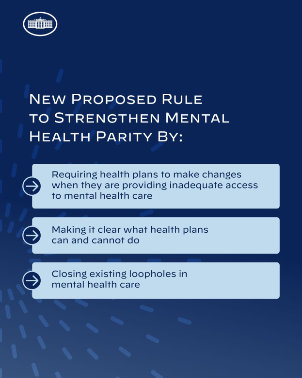 Blauer Hintergrund mit weißer Schrift und einem weißen Kreis-Logo mit einer blauen Umrandung, das eine neue Regel zur Stärkung der mentalen Gesundheitsparität vorschlägt.