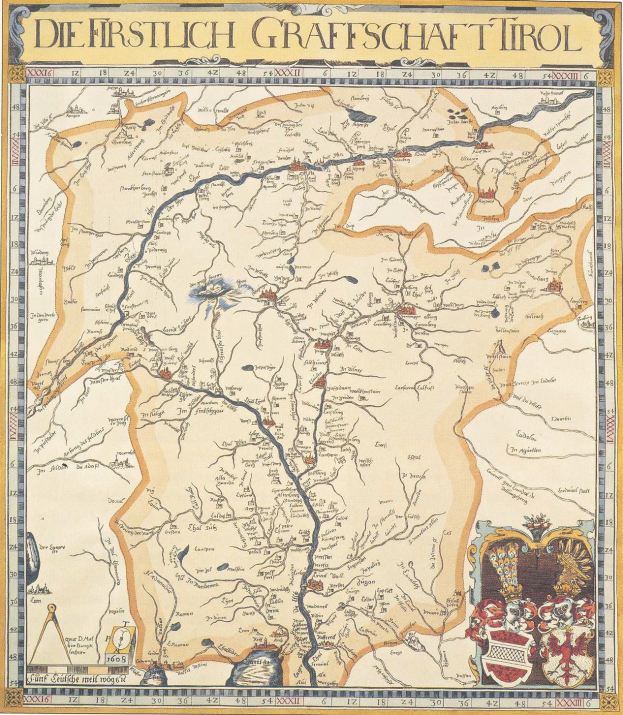Detailreiches historisches Plakat der ersten Grafschaft Tirol-Karte, das geografische Merkmale, Städte und begleitenden Text über die Region und ihre Bewohner zeigt.
