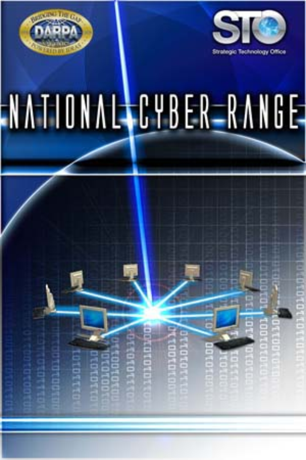 Ein Plakat mit "Nationales Cyber-Range" in fetter weißer Schrift auf einem blauen Hintergrund, das eine Weltkugel mit verbundenen Computern zeigt.