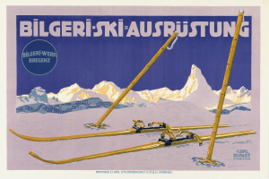 Ein Plakat, das einen Skiort in den Schweizer Alpen bewirbt, zeigt ein Paar Skier im Vordergrund und schneebedeckte Berge im Hintergrund, mit Text, der Informationen über den Ort bietet.