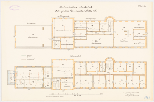 Ein detaillierter Grundrissplan des Botanischen Instituts in München, der zahlreiche Räume und begleitenden Text enthält.