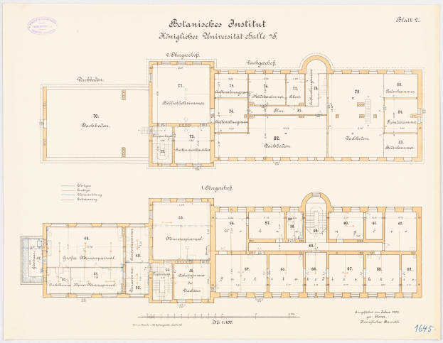 Ein detaillierter Grundrissplan des Botanischen Instituts in München, der zahlreiche Räume und begleitenden Text enthält.