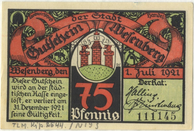 Alte deutsche Banknote mit einer Gebäudeillustration, dem Wort "Bundesliga" und einem Logo auf einem weißen Hintergrund.