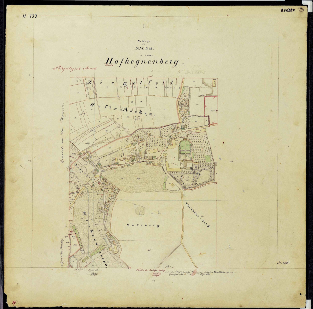 Schwarze und weiße Karte von Hofhegenberg, Deutschland mit Straßen, Gebäuden und Sehenswürdigkeiten in Schwarz umrandet.