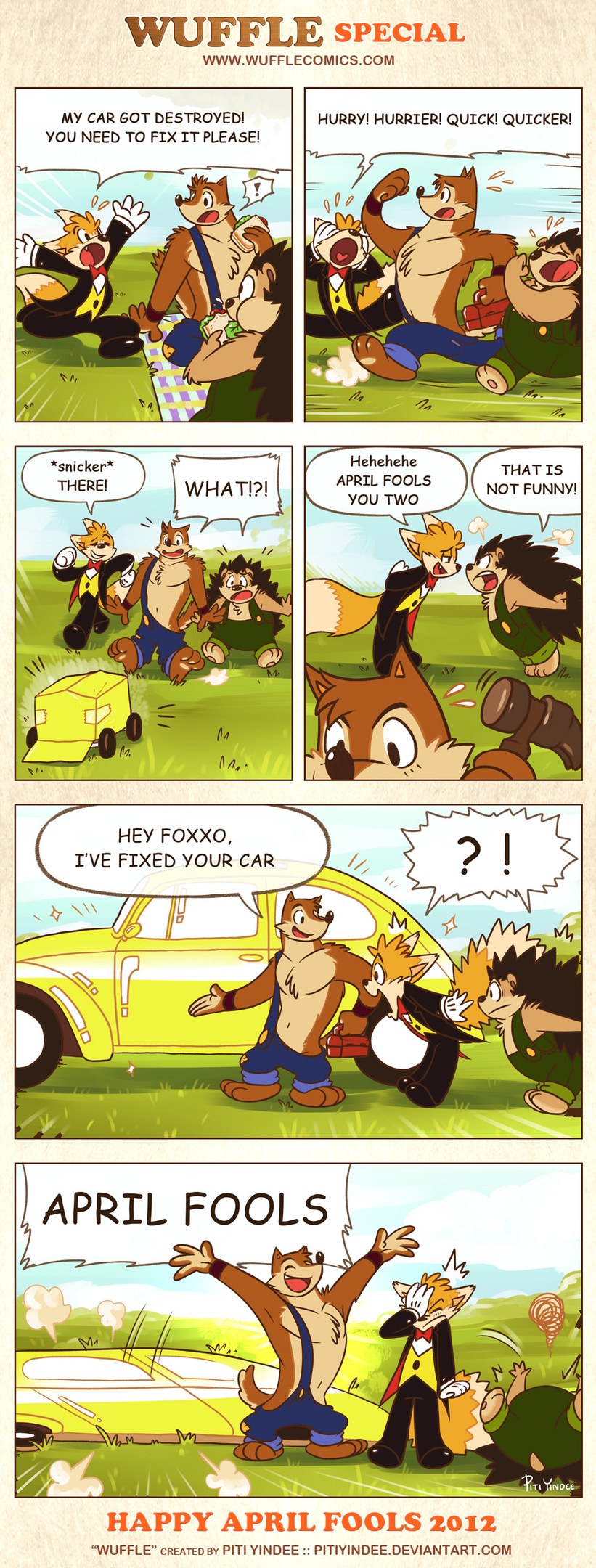 Comicstrip-Plakat mit der Überschrift "Aprilscherz", das einen Cartoon-Mann und -Frau in einer Diskussion vor einem hellblauen Himmel mit weißen Wolken zeigt.