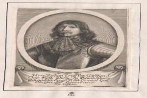 Eine Gravur von Johann Ernst von Görken, dem König von Deutschland, zeigt ihn in einem detaillierten Ritteranzug, einschließlich eines Helms, eines Brustpanzers und Handschuhen, mit einem majestätischen und würdevollen Gesichtsausdruck.