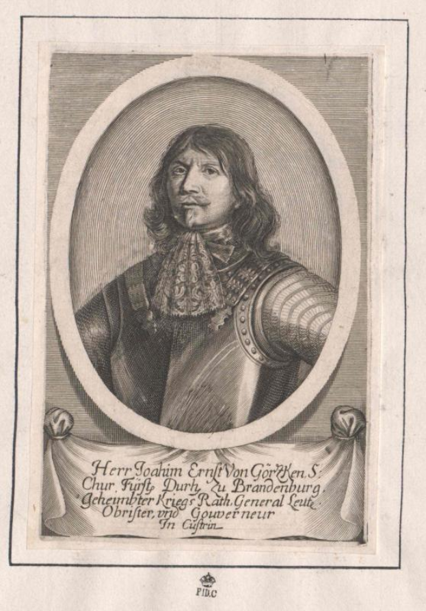 Eine Gravur von Johann Ernst von Görken, dem König von Deutschland, zeigt ihn in einem detaillierten Ritteranzug, einschließlich eines Helms, eines Brustpanzers und Handschuhen, mit einem majestätischen und würdevollen Gesichtsausdruck.