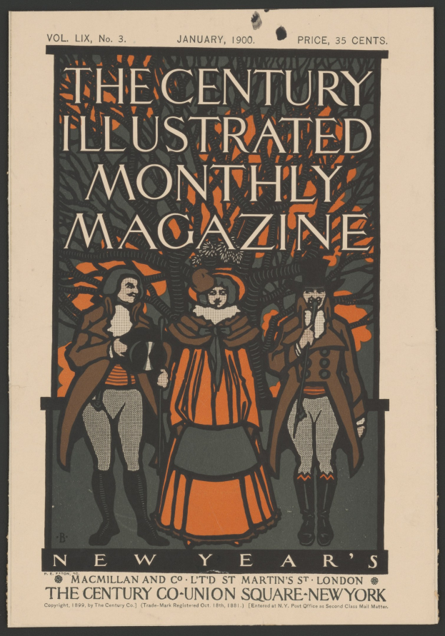 Schwarzer Plakat für *The Century Illustrated Monthly Magazine*, Januar 1900, mit einem dekorativen Rand, das Menschen in historischer Kleidung und fetter Schrift zeigt.