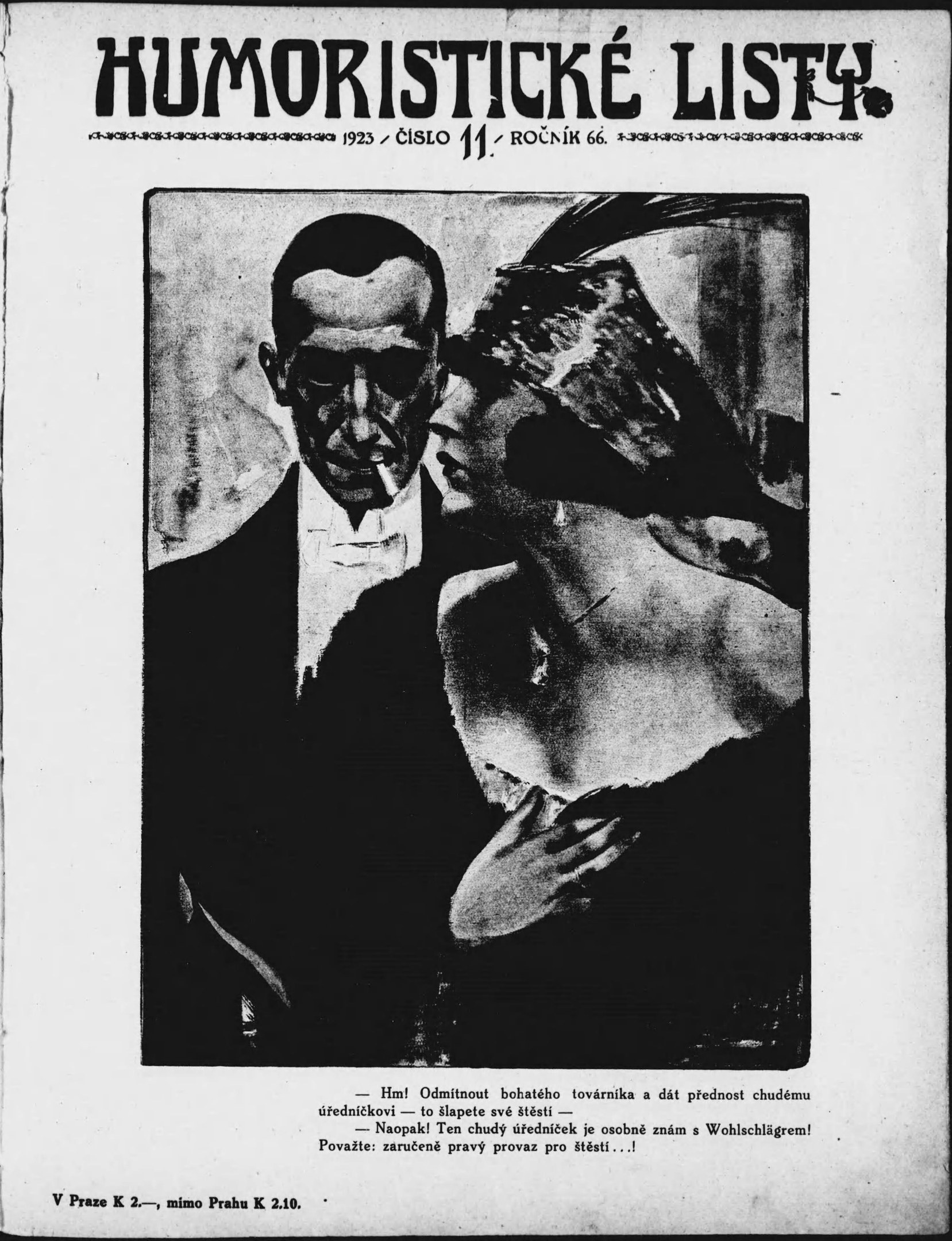 Schwarzes und weißes Magazin-Cover mit der Überschrift 'Humoristische Liste', das einen Mann in einem Anzug mit ernster Miene und eine Frau zeigt, die wegschaut und leicht schmunzelt.