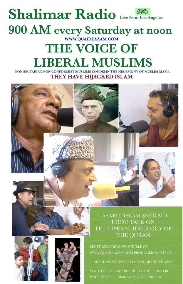Plakat, das den 'Stimme der liberalen Muslime' Radio-Show bewirbt, zeigt Bilder von Menschen mit Headsets und Mikrofonen in einem Gespräch.