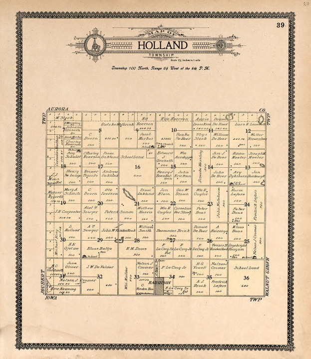 Ein altes Kartenblatt von Holland Township, Iowa aus dem Jahr 1892, das Text und Zahlen enthält, die das Layout der Gemeinde zeigen.