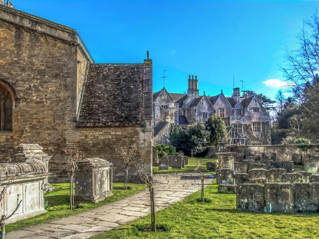 Ein Wohngebiet mit Häusern, Gebäuden, Pflanzen, Bäumen und Gras auf dem Boden.