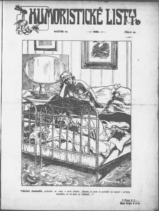 Schwarz-weiß-Illustration einer Person, die auf einem Bett liegt, mit einem Spiegel auf dem Nachttisch und einem Rahmen an der Wand, begleitet von Text, der "humoristicke list - tschechische republik - 20. april 1920" oben und unten liest.