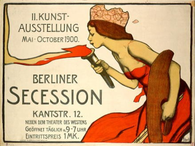 Plakat von 1900 Berlin Secession mit einer Frau in rotem Kleid, die ein Objekt hält, mit Text zu den Veranstaltungsdetails.