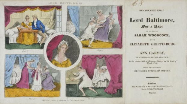 Ein historisches Prozessdokument, das eine Gerichtsszene mit Porträts, Vorhängen und Text zeigt.