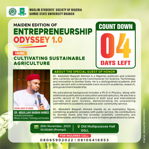 Plakat für die erste Auflage von "Entrepreneurship Odyssey 1.0: Kultivierung nachhaltiger Landwirtschaft" mit einer Person in einem weißen Hemd, die ein Mikrofon hält und einen entschlossenen Ausdruck hat.