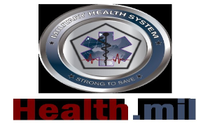 Logo von Health.mil, dem militärischen Gesundheitssystem, mit einem blauen Kreis und einem weißen Stern sowie fettem schwarzem Text.
