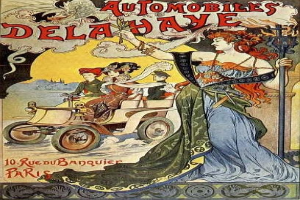 Plakat für 'Automobiles Dela Haye' in Paris, das eine Frau in einem Auto umgeben von Menschen zeigt.