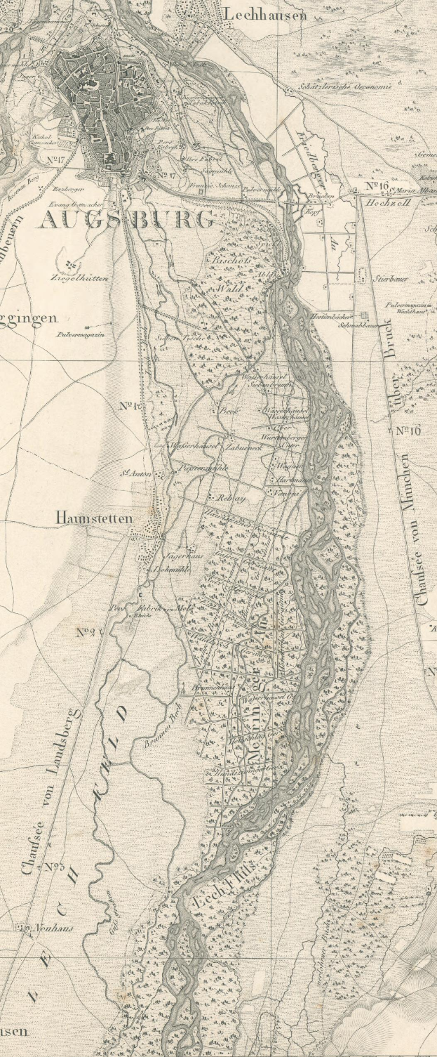 Ein detaillierter alter Stadtplan von Augsburg, Deutschland, der die Straßen, Gebäude und einen gewundenen Fluss zeigt, mit Texten zu Bevölkerung, Sehenswürdigkeiten und Straßen.